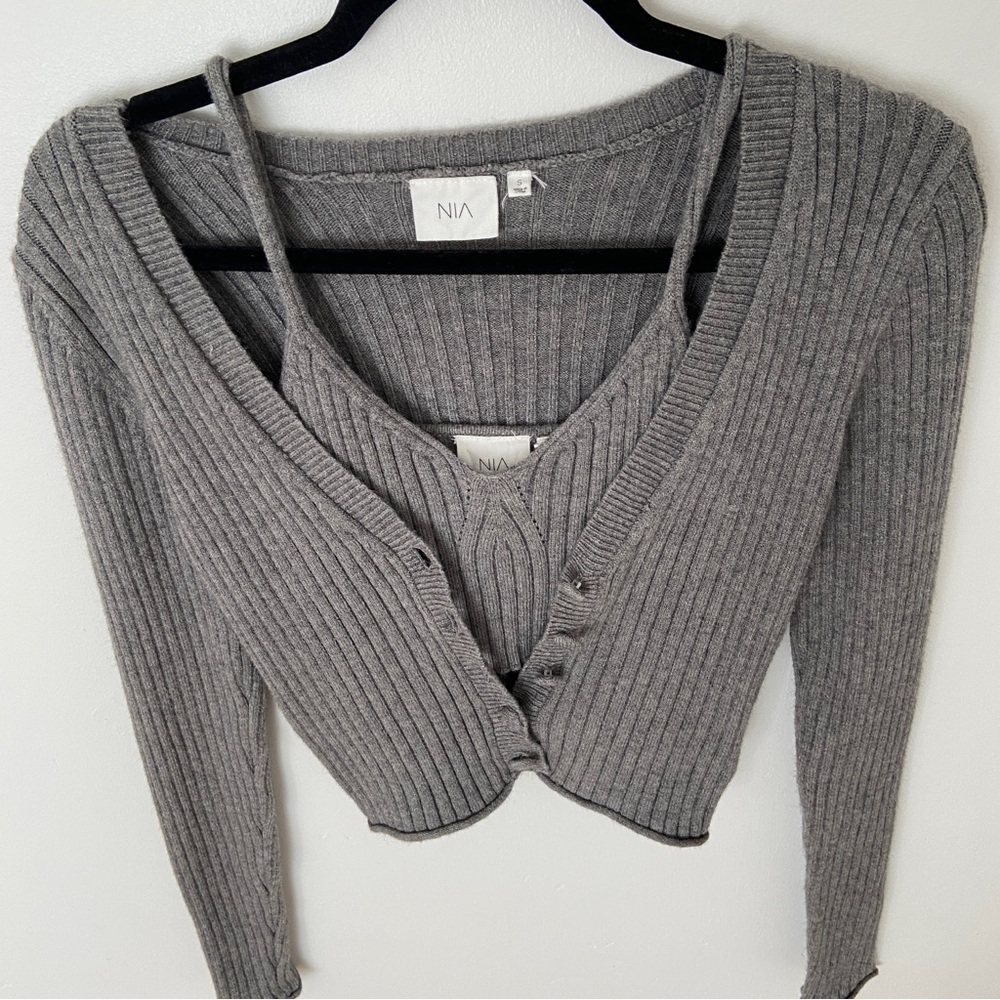NIA Revolve Cropped Cardigan Cami Sweater Set in Charcoal Grey Small Two Piece